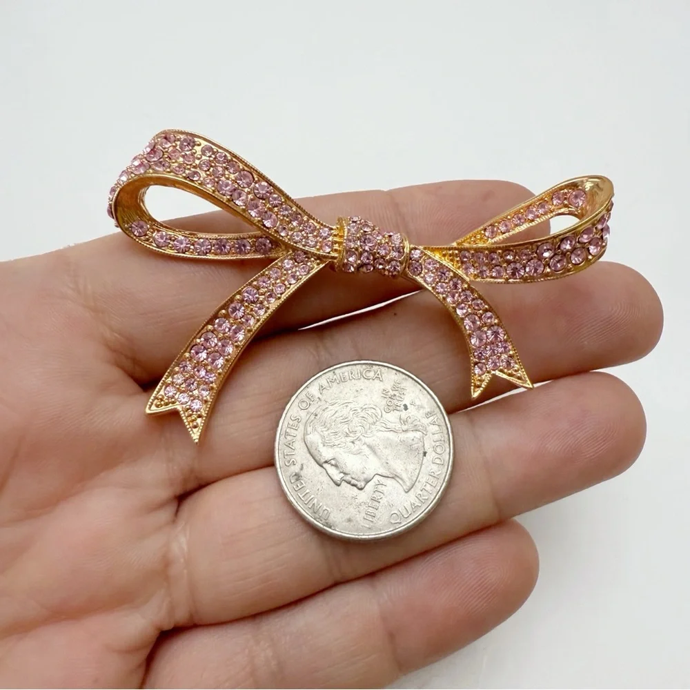 Kenneth Jay Lane KJL Pink Rhinestone Ribbon Bow Goldtone Brooch Pin